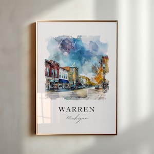 May include: A watercolor painting of a street scene in Warren, Michigan. The painting features a row of brick buildings with storefronts, a street with cars and pedestrians, and a cloudy sky. The text "WARREN Michigan" is written below the painting.