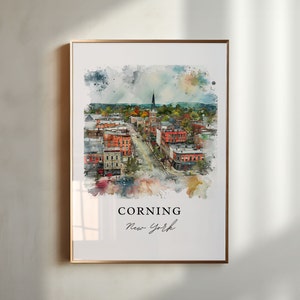 May include: A watercolor painting of Corning, New York. The painting depicts a cityscape with buildings, a church steeple, and trees. The painting is in a gold frame.