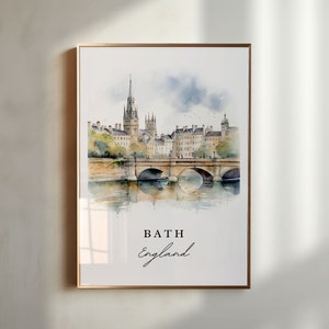 Puede incluir: Pintura acuarela de la ciudad de Bath, Inglaterra. La pintura representa un puente sobre un río con edificios en el fondo. El texto "Bath England" está escrito debajo de la imagen.