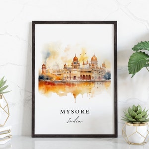 Puede incluir: Pintura acuarela de un palacio en Mysore, India. El palacio está representado en tonos naranja y amarillo, con un reflejo en el agua debajo. El texto "MYSORE" e "India" está escrito debajo de la imagen.