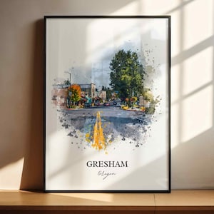 Puede incluir: Impresión en acuarela enmarcada de Gresham, Oregón, que presenta una escena callejera con edificios, árboles y una carretera amarilla. La obra de arte tiene un estilo suave y pictórico con salpicaduras de color y el texto "Gresham Oregon" en la parte inferior.