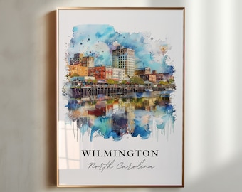 Sztuka ścienna Wilmington, Karolina Północna, wydruk Wilmington, akwarela Wilmington, prezent Wrightsville Beach, Karolina Północna, plakat podróżniczy, prezent na parapetówkę