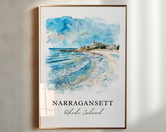 Puede incluir: Impresión en acuarela enmarcada de Narragansett, Rhode Island. La obra de arte muestra una playa con olas azules, una costa arenosa y edificios bajo un cielo nublado. El marco es dorado.