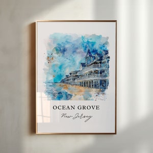Arte mural de Ocean Grove, impresión de Ocean Grove, arte de acuarela de Ocean Grove, Nueva Jersey, regalo de Jersey Shore, póster de viaje, regalo de inauguración de la casa