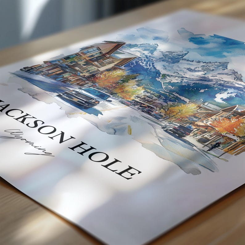 Väggkonst i Jackson Hole, tryck i Jackson, Wyoming, akvarellkonst i Wyoming, present till Jackson Hole, resetryck, reseaffisch, inflyttningspresent bild 2