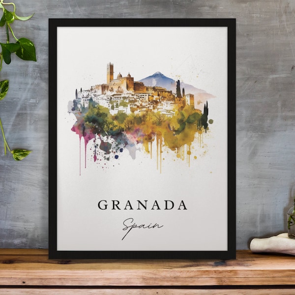 Arte di viaggio tradizionale di Granada - Spagna, poster di Granada, regalo di nozze, regalo di compleanno, testo personalizzato, regalo personalizzato