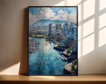 Vancouver Skyline Watercolor Art Print, Canada Travel Decor