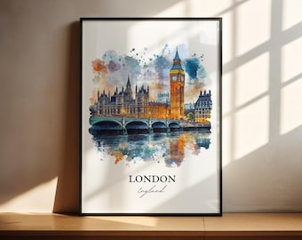 London Wall Art, Big Ben Print, England Watercolor Art, London UK Gift, Travel Print, Travel Poster, Housewarming Gift