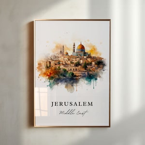 Jerusalem watercolor travel art - Middle East, Jerusalem poster, Wedding gift, Birthday present, Custom Text, Personalized Gift