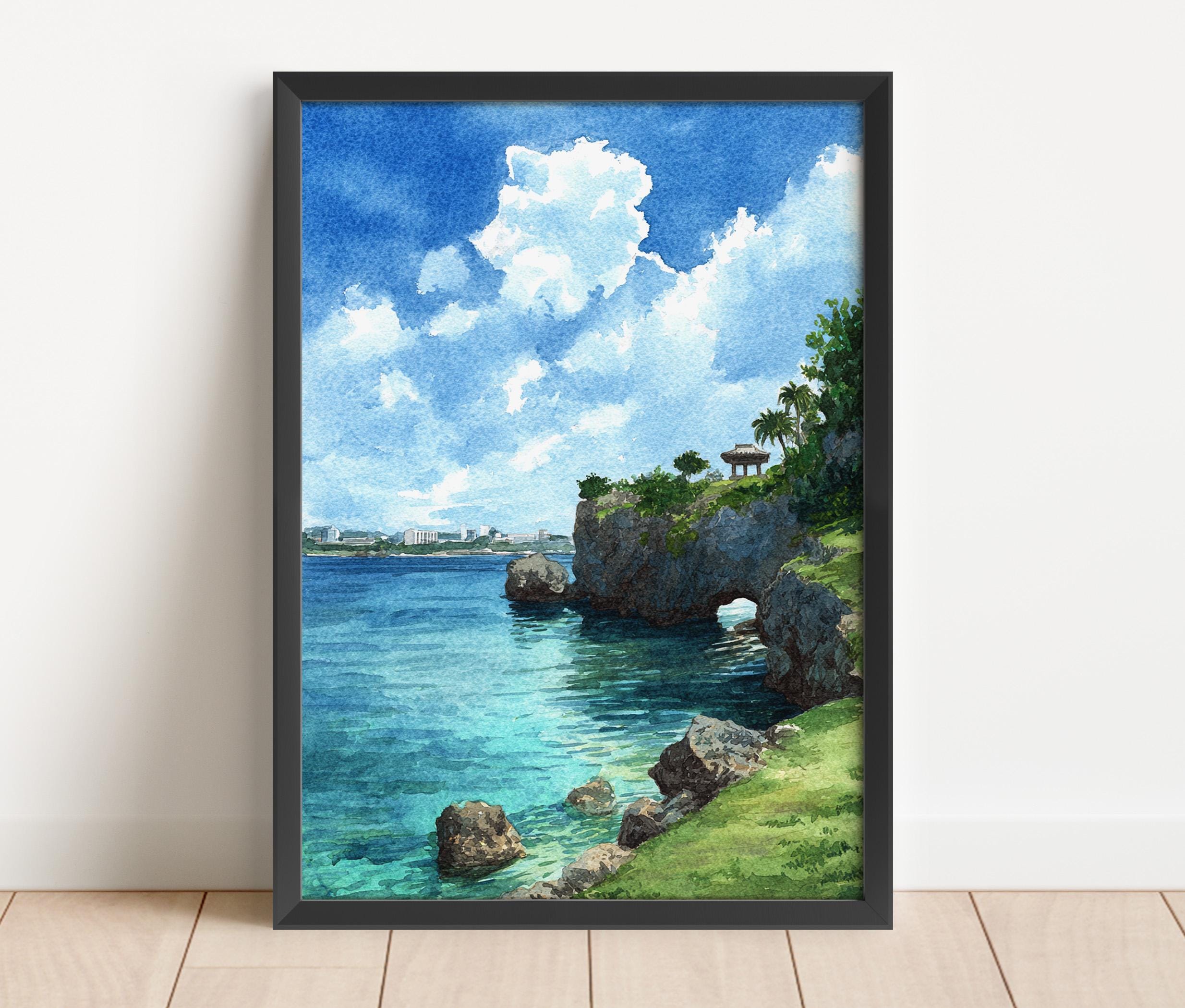 沖縄の水彩画 沖縄旅行プリント 沖縄日本アートワーク 沖縄ビーチ