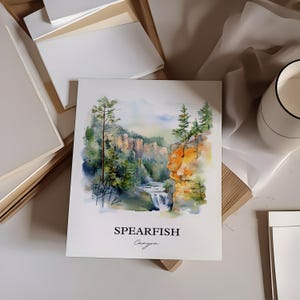 May include: Watercolor painting of Spearfish Canyon, a scenic landscape with a waterfall cascading down a rocky cliffside. Lush green trees line the canyon walls, and the sky is a soft blue with wispy clouds.