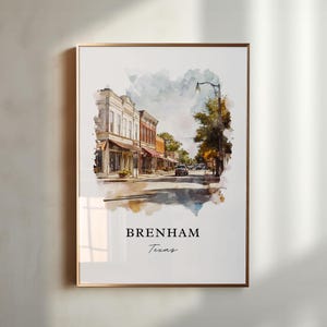 May include: A watercolor painting of a street scene in Brenham, Texas. The painting features a row of brick buildings with storefronts, a street lamp, and a few cars driving down the street.