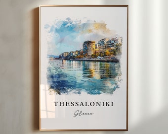 May include: A watercolor painting of the city of Thessaloniki, Greece. The painting features a waterfront view with a tower in the center of the city skyline. The water is a light blue color and the sky is a light blue with white clouds. The text "THESSALONIKI Greece" is at the bottom of the painting.