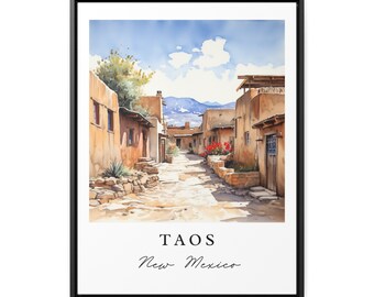 Arte tradicional de viagem de Taos - Novo México, pôster de Taos, presente de casamento, presente de aniversário, texto personalizado, presente perfeito