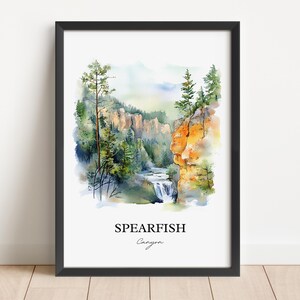 May include: A watercolor painting of Spearfish Canyon in South Dakota. The painting depicts a waterfall cascading down a rocky cliffside, surrounded by lush green trees. The text "Spearfish Canyon" is written at the bottom of the painting.