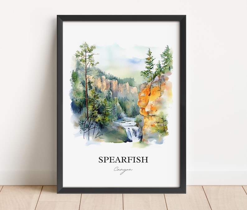May include: A watercolor painting of Spearfish Canyon in South Dakota. The painting depicts a waterfall cascading down a rocky cliffside, surrounded by lush green trees. The text "Spearfish Canyon" is written at the bottom of the painting.