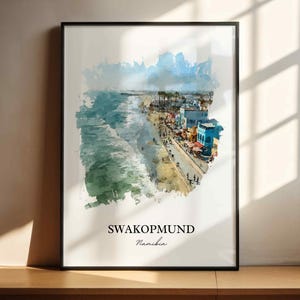 Arte mural de Swakopmund, lámina de Swakopmund, acuarela de Namibia, regalo de Namibia, lámina de viaje, póster de viaje, regalo de inauguración de casa