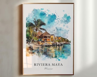 Op de afbeelding: Waterverf schilderij van een tropisch resort in Riviera Maya, Mexico. Het schilderij toont een palmboom, een geel gebouw met een rieten dak en een turquoise blauwe oceaan.