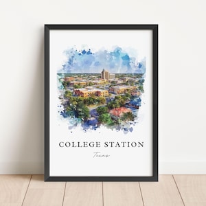 College Station TX Art, College Station Print, College Station Watercolor, Texas A&M Gift, Travel Poster, Housewarming Gift