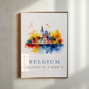 Belgium wall art - Belgium poster print with coordinates, Framed and Unframed Options - Wedding gift, Birthday present, Custom Text