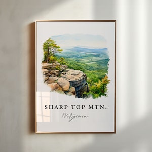 May include: A watercolor painting of a mountain vista with a rocky cliff edge. The text "SHARP TOP MTN. Virginia" is printed below the image.