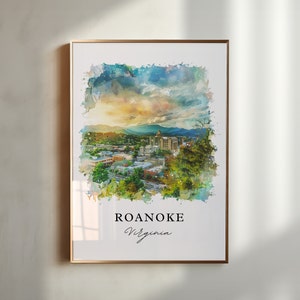 Arte mural de Roanoke, Virginia, impresión de Roanoke, acuarela de Roanoke, Virginia, regalo de Roanoke, Virginia, póster de viaje, regalo de inauguración de la casa