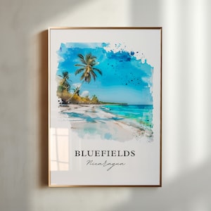 Puede incluir: Una pintura de acuarela de una escena de playa tropical con palmeras, agua azul y arena blanca. El texto "BLUEFIELDS Nicaragua" está escrito en la parte inferior de la imagen.