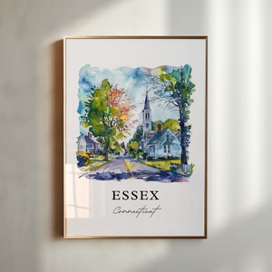 May include: A watercolor painting of a street scene in Essex, Connecticut. The painting features a church with a tall steeple, a few houses, and trees. The street is lined with trees and there is a road in the center of the painting.