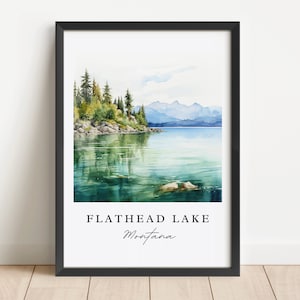 Flathead Lake traditional travel art - Montana, Flathead Lake poster, Wedding gift, Birthday present, Custom Text, Personalized Gift