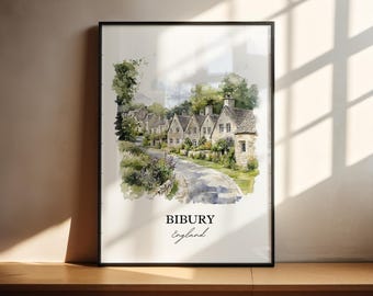 Bibury England Wandkunst, Bibury Druck, Gloucestershire Aquarell Kunst, Cotswolds Geschenk, Reisedruck, Reiseplakat, Housewarminggeschenk