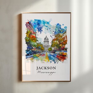 Arte mural de Jackson MS, impresión de Jackson MS, acuarela de Jackson MS, regalo de Jackson MS, póster de viaje, regalo de inauguración de la casa