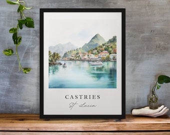Castries traditional travel art - St Lucia, Castries poster, Wedding gift, Birthday present, Custom Text, Personalized Gift