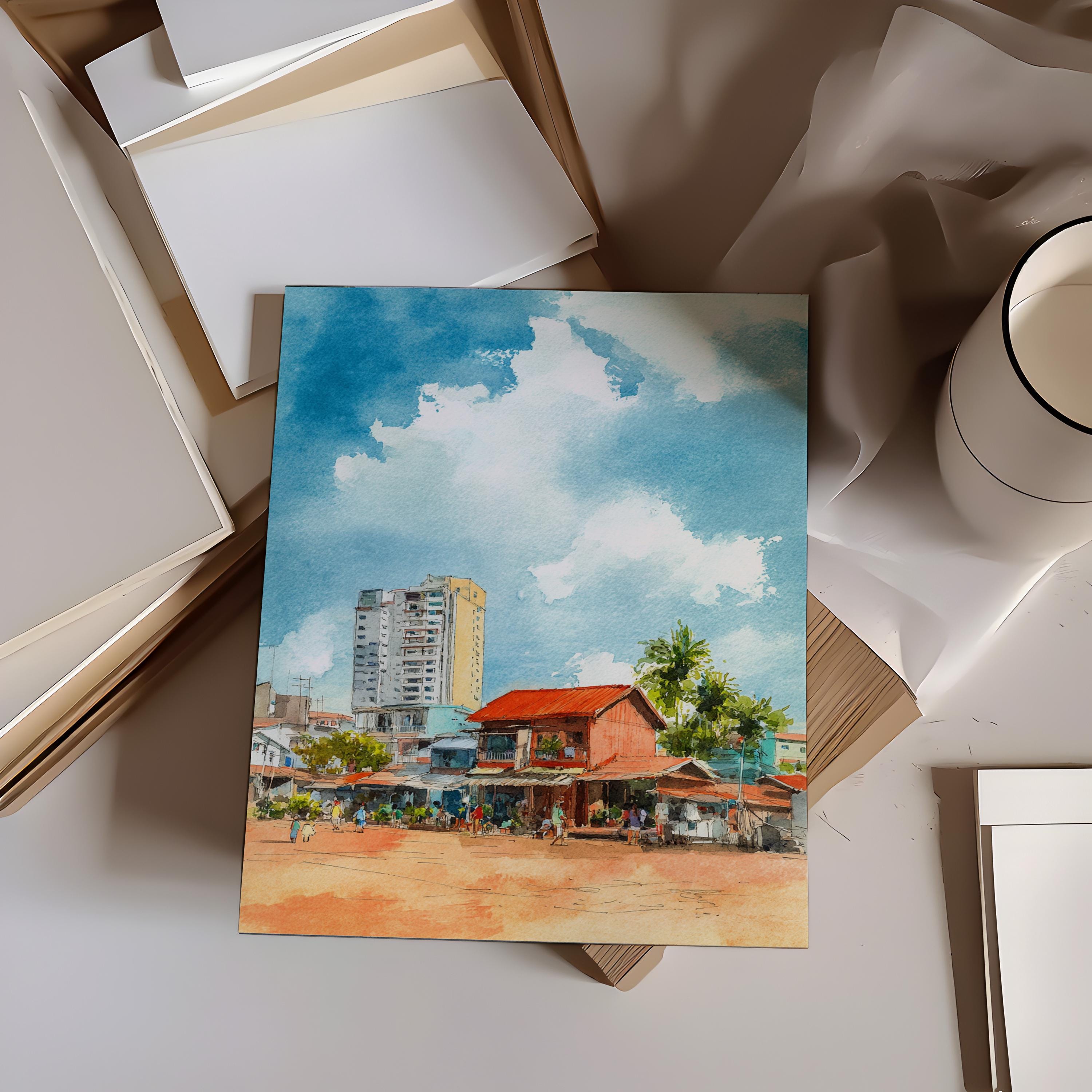 シアヌークビルの水彩画、カンボジアの旅行プリント、カンポンサオムの