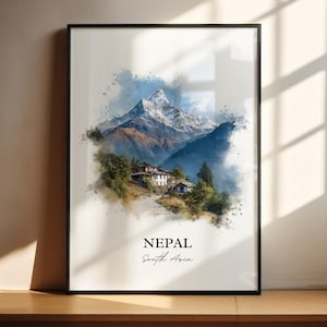 Nepal Wall Art, Nepal Print, Nepal Watercolor Art, Nepal Country Gift, Travel Print, Travel Poster, Housewarming Gift