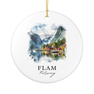 Ornament aus dem Flamsdalen-Tal in Norwegen, matte Keramik-Erinnerungsfigur | Einseitiger Druck | 7 cm, goldfarbene Schnur