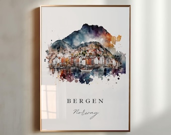 Bergen Norway Watercolor Art Print – Cityscape Travel Poster