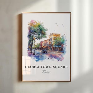 Arte mural de Georgetown, Texas, impresión de Georgetown Square, TX, acuarela de Georgetown, TX, regalo de Texas, póster de viaje, regalo de inauguración de la casa