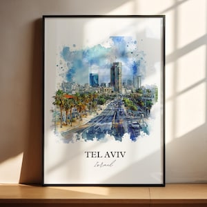 Art mural de Tel-Aviv, impression de la ligne d'horizon de Tel-Aviv, aquarelle d'Israël, cadeau de Tel-Aviv, impression de voyage, affiche de voyage, cadeau de pendaison de crémaillère