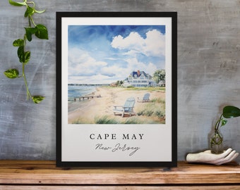 Może przedstawiać: Akwarela przedstawiająca plażę z dużym domem w tle, dwoma niebieskimi leżakami i tekstem "CAPE MAY New Jersey".