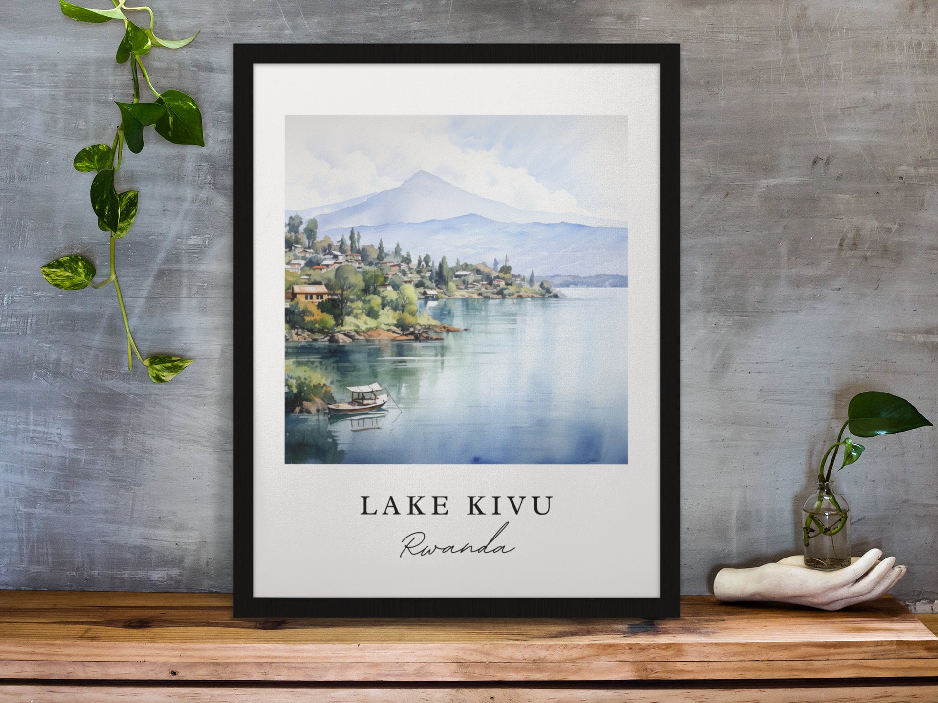 Lake Kivu traditional travel art - Rwanda, Lake Kivu poster, Wedding gift, Birthday present, Custom Text, Personalized Gift