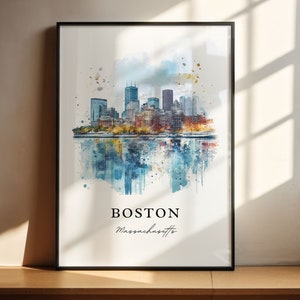 Boston MA Wall Art, Boston Print, Boston Harbor Watercolor Art, Boston Massachusetts Gift, Travel Poster, Housewarming Gift