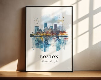 Boston MA Wall Art, Boston Print, Boston Harbor Watercolor Art, Boston Massachusetts Gift, Travel Poster, Housewarming Gift