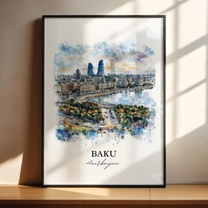 Arte mural de Bakú, impresión de Azerbaiyán, acuarela de Azerbaiyán, regalo de Bakú, Azerbaiyán, impresión de viaje, póster de viaje, regalo de inauguración de la casa