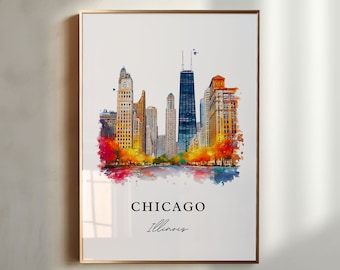 Chicago IL Wall Art, Chicago Print, Chicago Watercolor Art, Chicago Skyline Gift, Travel Print, Chicago Travel Poster, Housewarming Gift