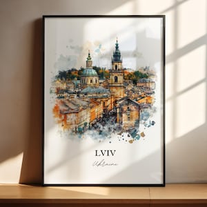 Lviv kunst aan de muur, Lviv skyline print, Oekraïne aquarel kunst, Lviv Oekraïne cadeau, reizen print, reizen poster, housewarming cadeau