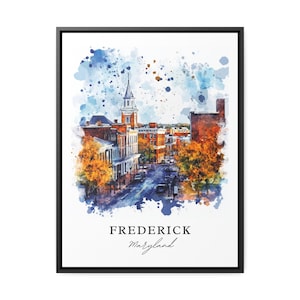 May include: A watercolor painting of a cityscape with a church steeple in the center. The buildings are painted in shades of yellow, orange, and red. The sky is a light blue with white clouds. The text "FREDERICK Maryland" is written in black at the bottom of the painting.