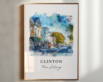 May include: A watercolor painting of a street scene in Clinton, New Jersey. The painting features a row of brick buildings with storefronts, a street with cars, and a blue sky with white clouds.