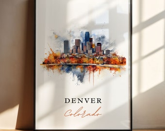 May include: A watercolor painting of the Denver, Colorado skyline with a blue, gray, and brown color scheme. The city is depicted with a reflection in the water below. The text "DENVER Colorado" is written below the image.