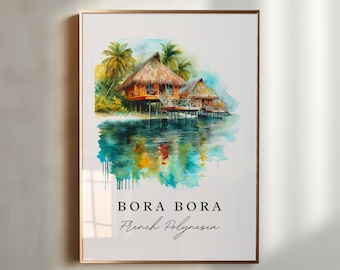 Pode incluir: Pintura em aquarela de bangalôs sobre a água em Bora Bora, Polinésia Francesa. A pintura apresenta um oceano azul turquesa, palmeiras verdes exuberantes e um bangalô com telhado de palha.