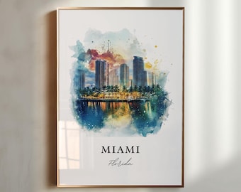 Arte de parede de Miami, FL, impressão de Miami, arte em aquarela de Miami, presente de arte de Miami, Flórida, pôster de viagem de Miami, presente de inauguração de casa
